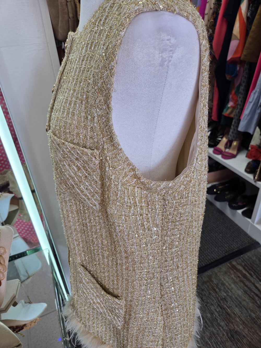 Anthropologie Gold Tweed Mini Dress with Feather Trim - Picture 4 of 8